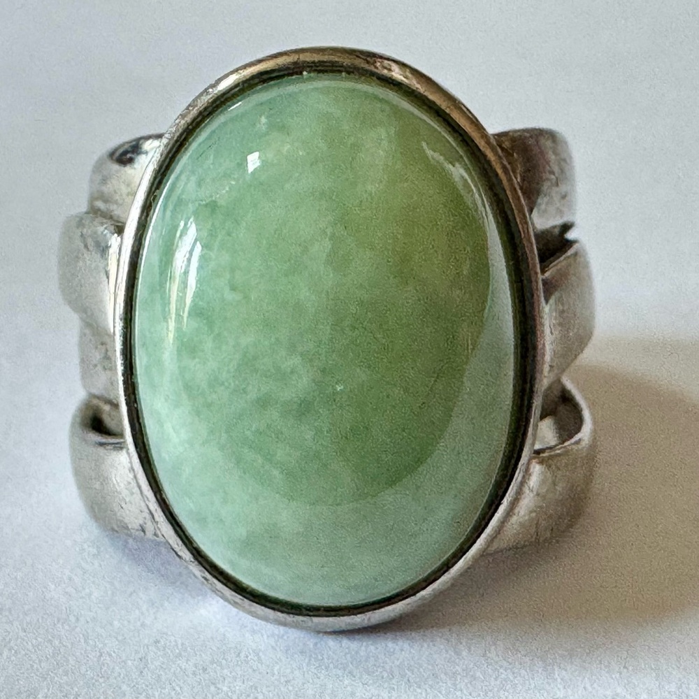 Sterling Silver and Green Jadeite Stone Ring ARTISAN Modernist chunky